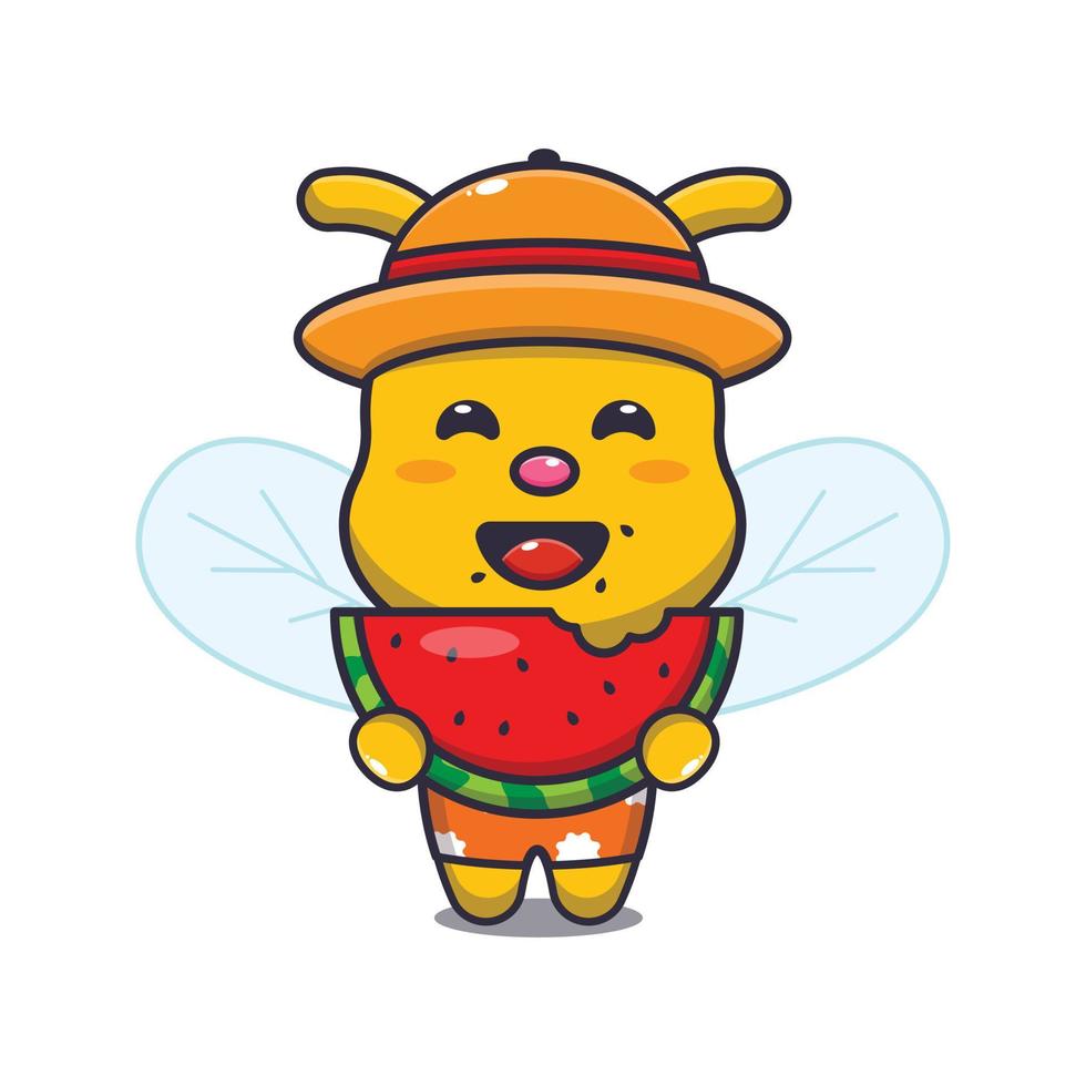 mignon, abeille, dessin animé, mascotte, caractère, manger, frais, pastèque vecteur