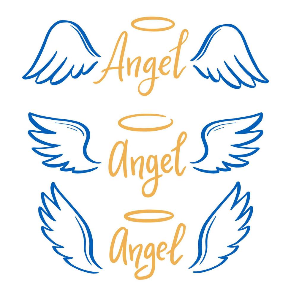 aile d'ange avec halo et texte de lettrage d'ange vecteur