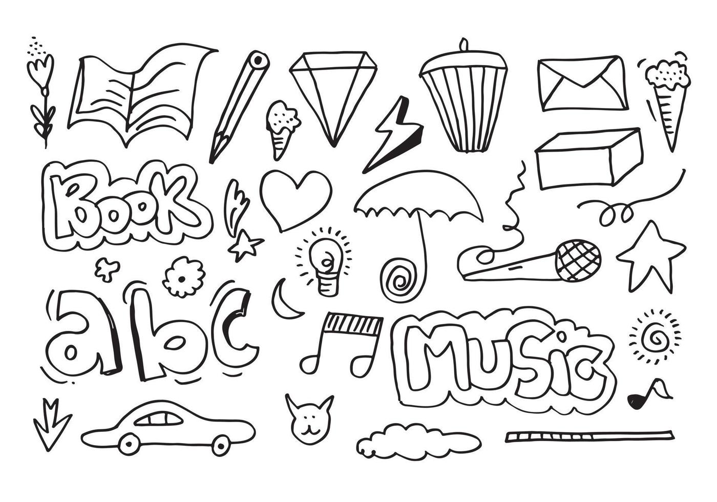 ensemble d'éléments de conception de doodle isolés sur fond blanc pour des concepts de conception comme les fleurs, la musique, la voiture, le livre, la foudre, le cœur et autres. vecteur