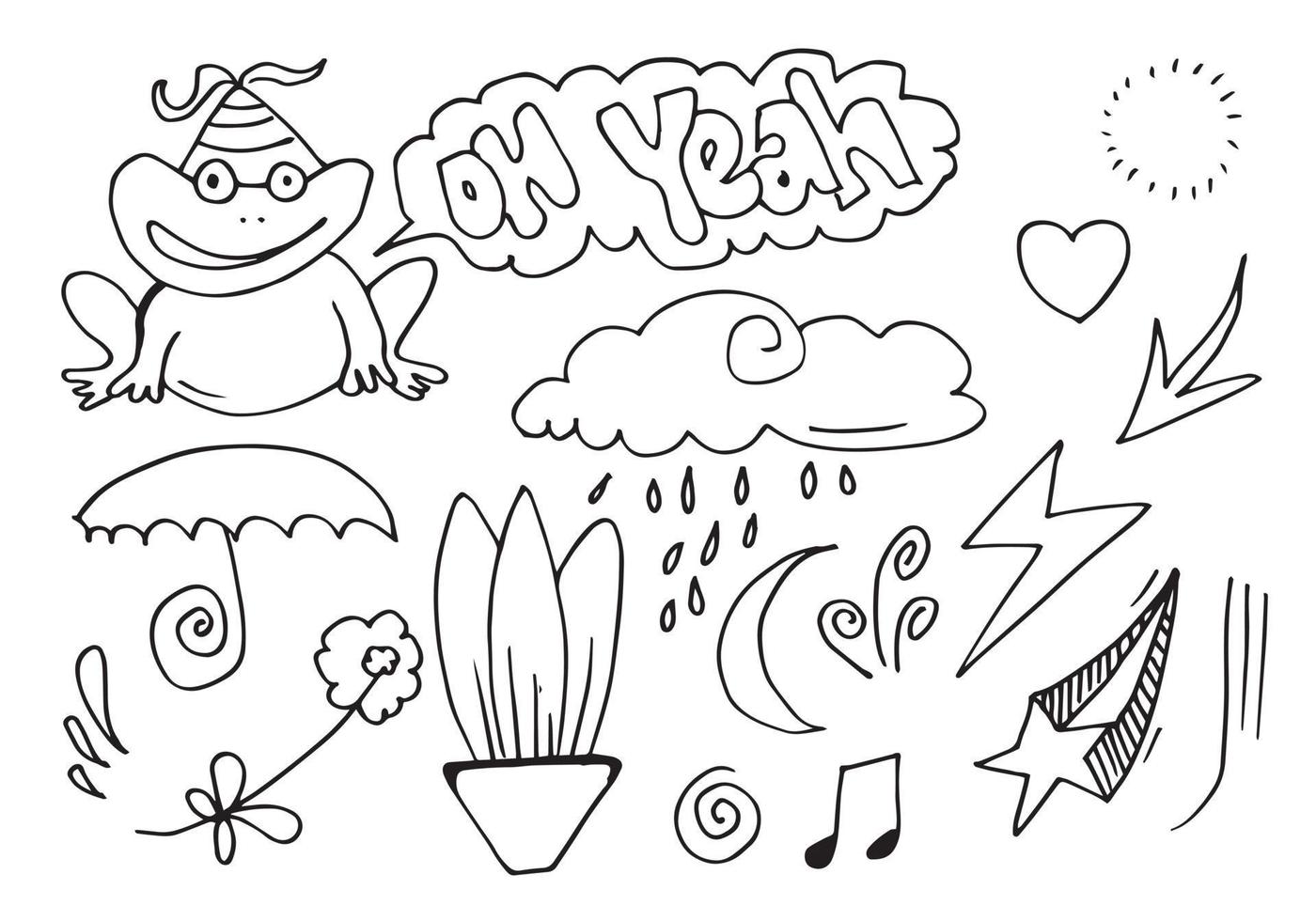 illustration vectorielle croquis de grenouille dessiné à la main avec flèche, coeur, pluie, étoile, feu d'artifice et nuages et autres éléments de conception. conception de ligne. vecteur