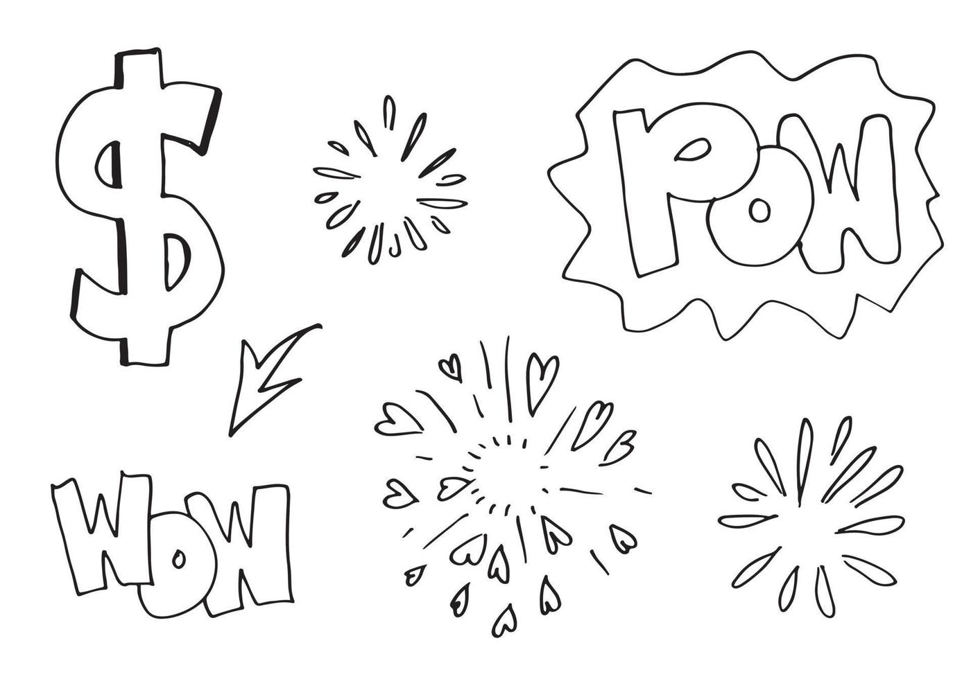 croquis dessiné à la main d'icônes de symbole de dollar et d'éléments tels que des flèches et des feux d'artifice, pow et wow. vecteur