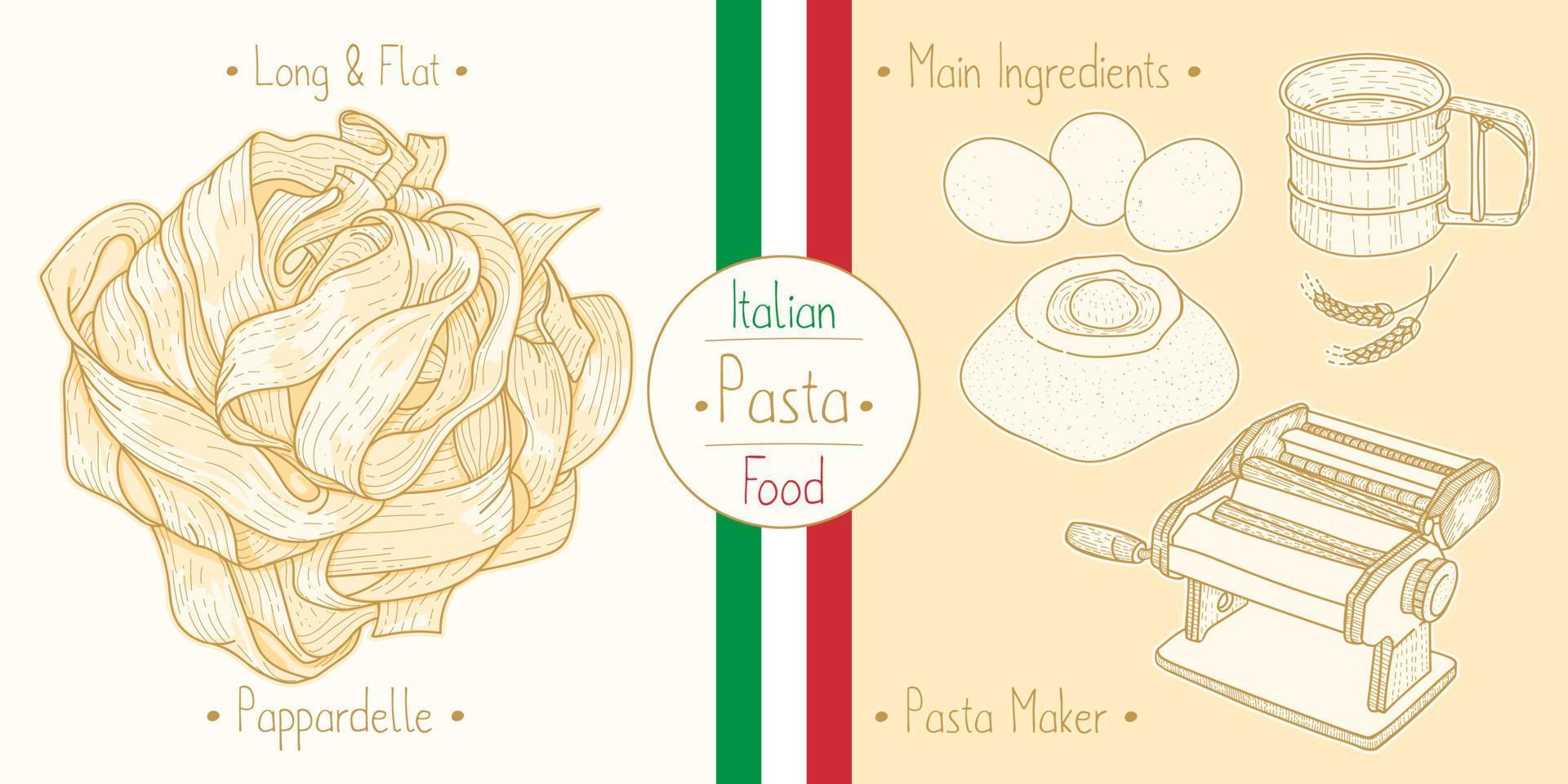 cuisine italienne pâtes pappardelle et ingrédients principaux et équipement de fabricants de pâtes, croquis d'illustration dans un style vintage vecteur