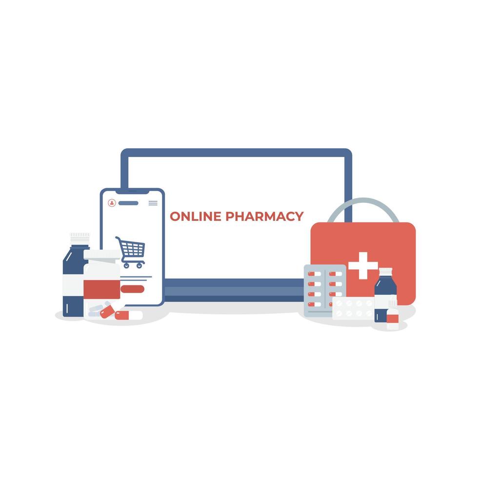 pharmacies en ligne sur fond blanc. smartphone et ordinateur portable avec médicaments, trousse de premiers soins, fournitures médicales, bouteilles de liquides et pilules. vecteur