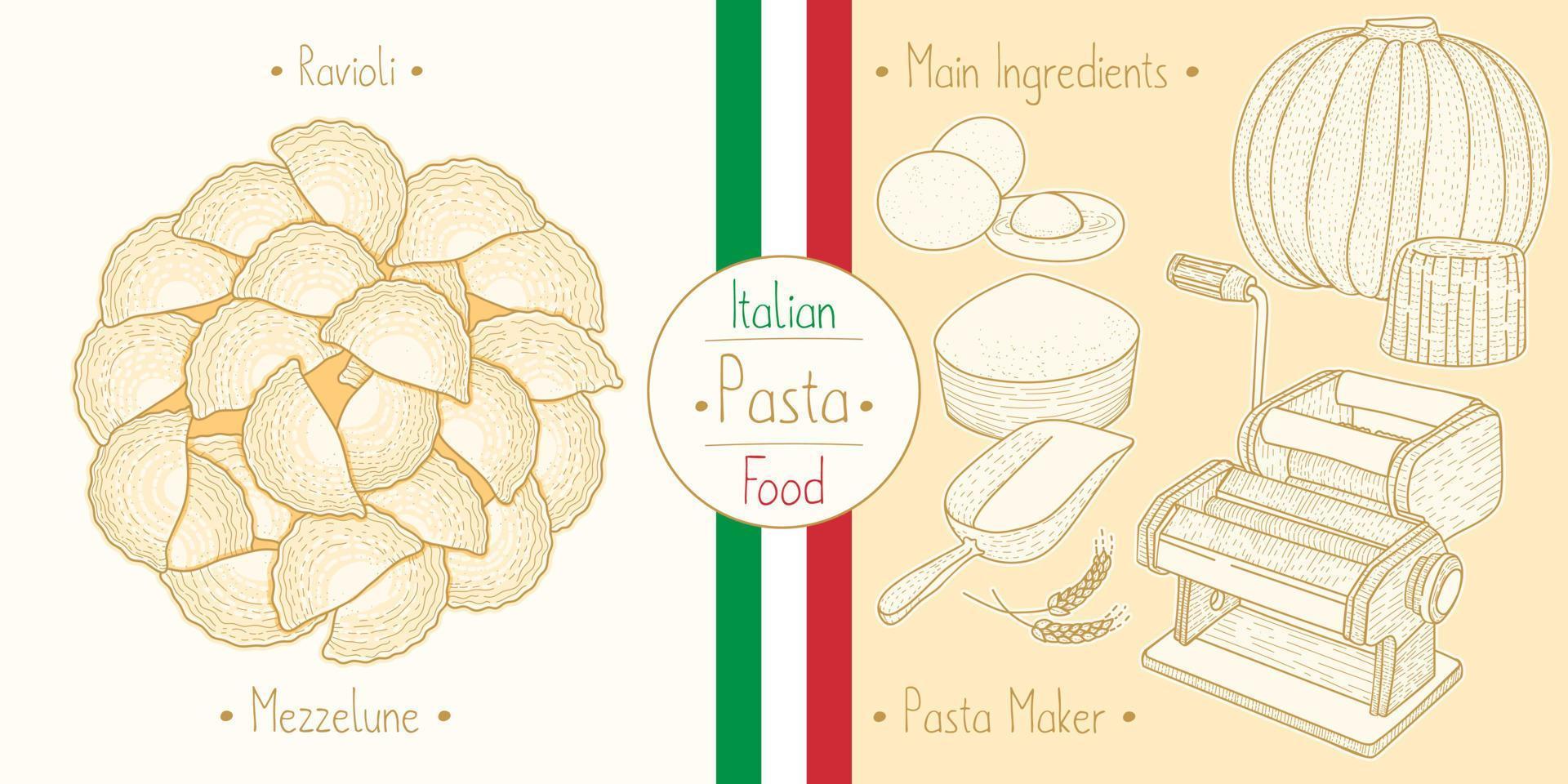 pâtes alimentaires italiennes avec remplissage de raviolis mezzelune, croquis d'illustration dans le style vintage vecteur