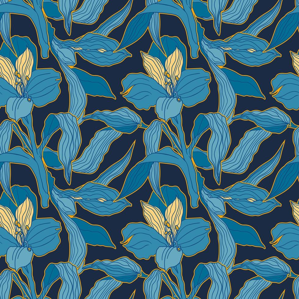 motif floral bleu foncé sans couture avec des bourgeons et des fleurs d'alstroemeria hautement détaillés pour une impression naturelle botanique vecteur