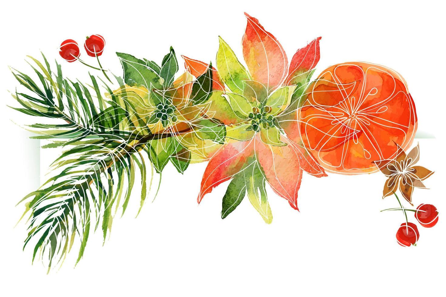 vignette florale de noël avec des oranges et des branches de poinsettia et de pin. vignette décorative pour de jolies salutations et invitations de noël et du nouvel an vecteur