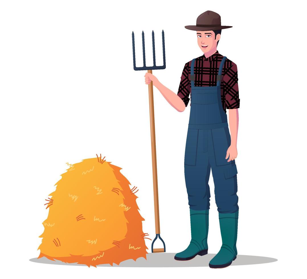 agriculteur avec illustration vectorielle de fourche et tas de foin vecteur