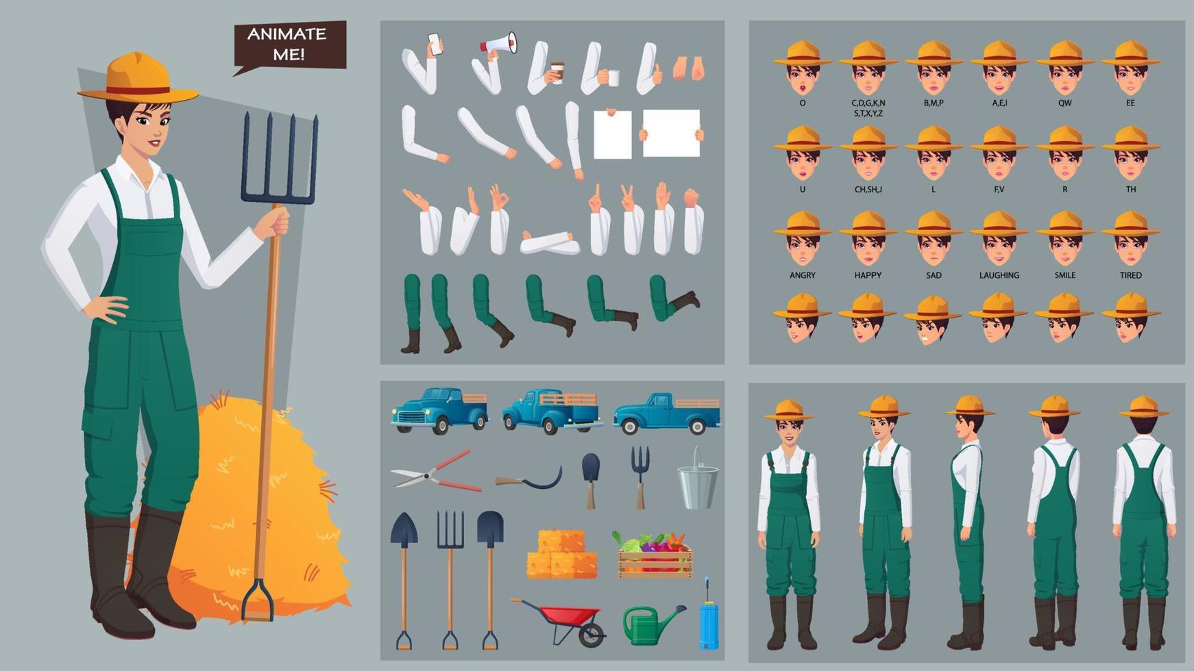 constructeur de personnage d'agricultrice avec divers gestes et poses, outils et expressions faciales avec illustration premium de synchronisation labiale vecteur