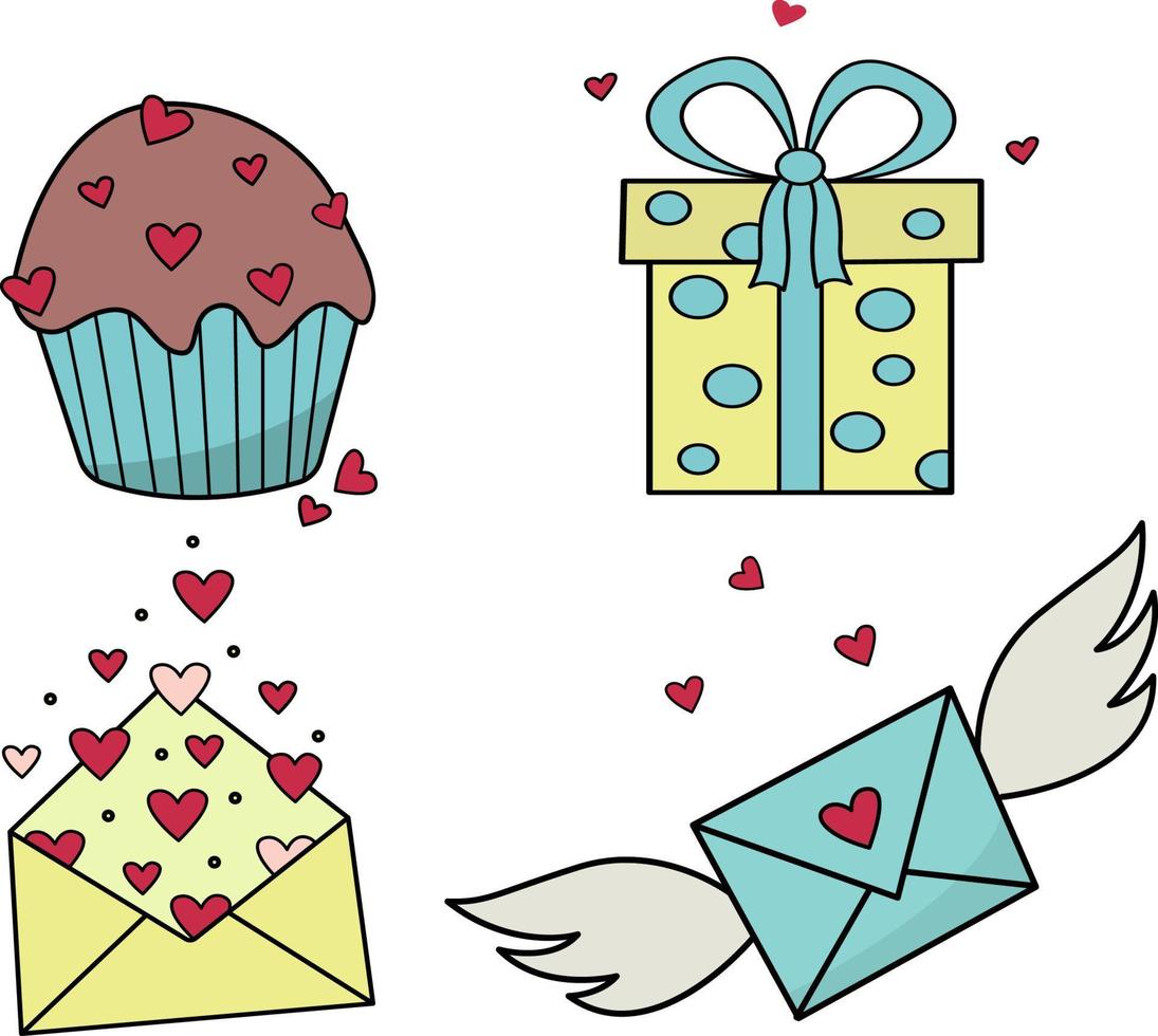 ensemble mignon avec cupcake, bonbons, lettre sur le thème de la saint-valentin, mariage, événement romantique. icônes vectorielles de contour pour sites Web et interfaces, applications mobiles, icônes, cartes postales. vecteur