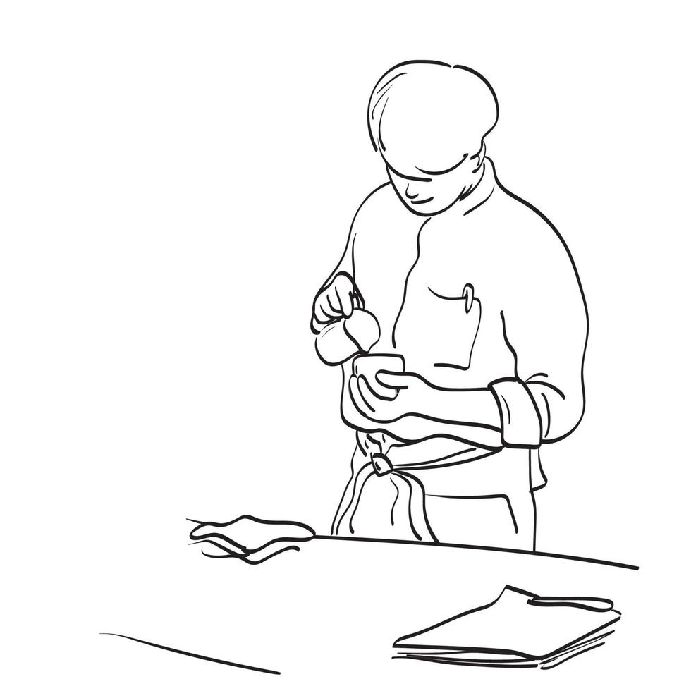 barista masculin faisant du latte art illustration vecteur dessiné à la main isolé sur fond blanc dessin au trait.
