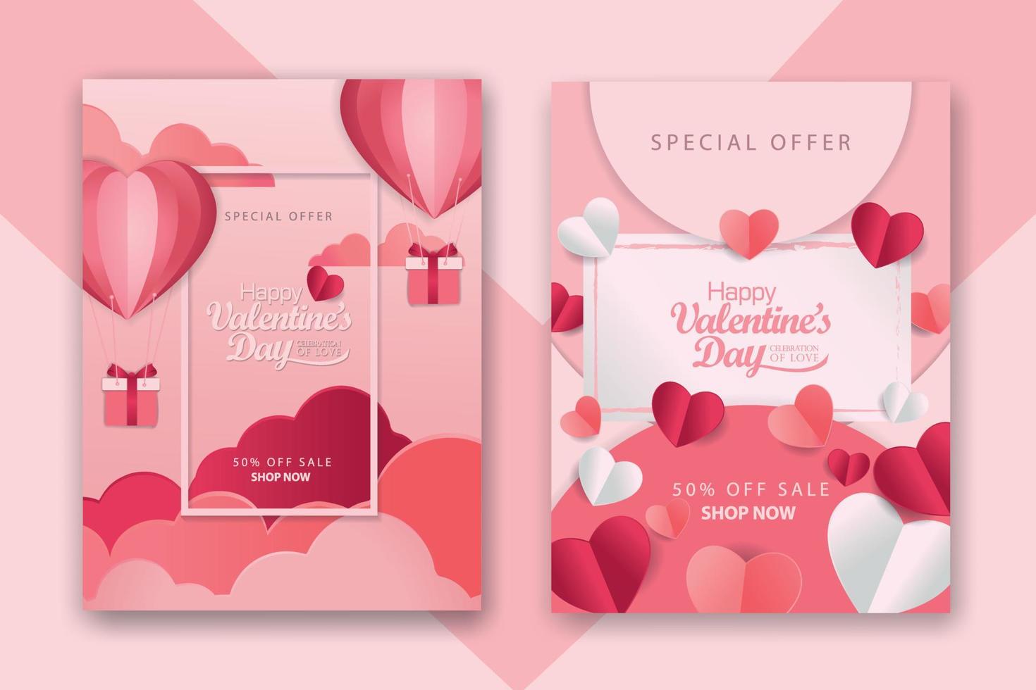 affiches de concept de la saint-valentin sertie de coeurs en papier rouge 3d et rose et cadre sur fond géométrique. jolies bannières ou cartes de voeux de vente d'amour vecteur