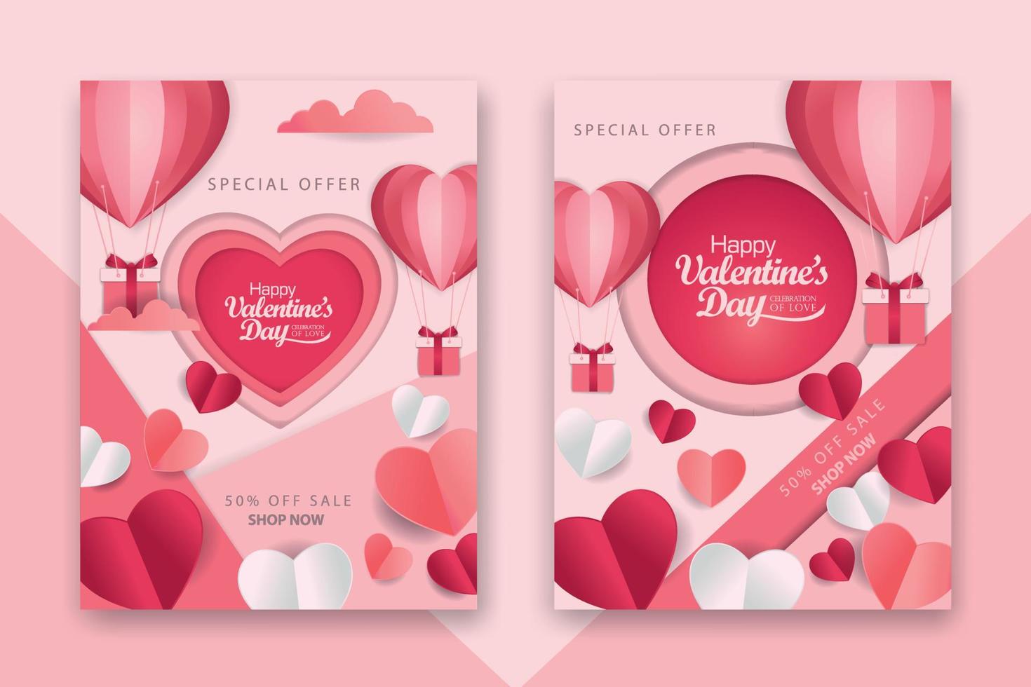 affiches de concept de la saint-valentin sertie de coeurs en papier rouge 3d et rose et cadre sur fond géométrique. jolies bannières ou cartes de voeux de vente d'amour vecteur