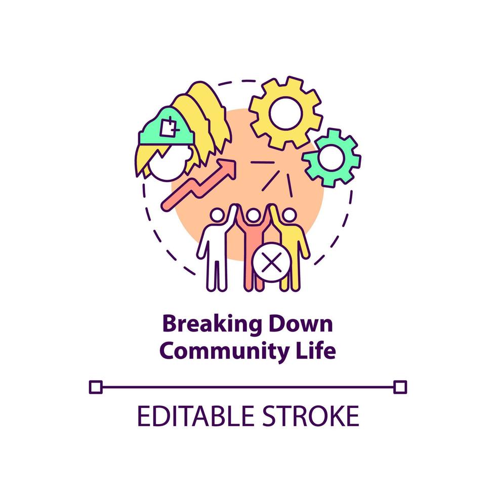 briser l'icône de concept de vie communautaire. effet de l'itinérance sur l'illustration de la ligne mince de l'idée abstraite de la société. dessin de contour isolé. trait modifiable. vecteur