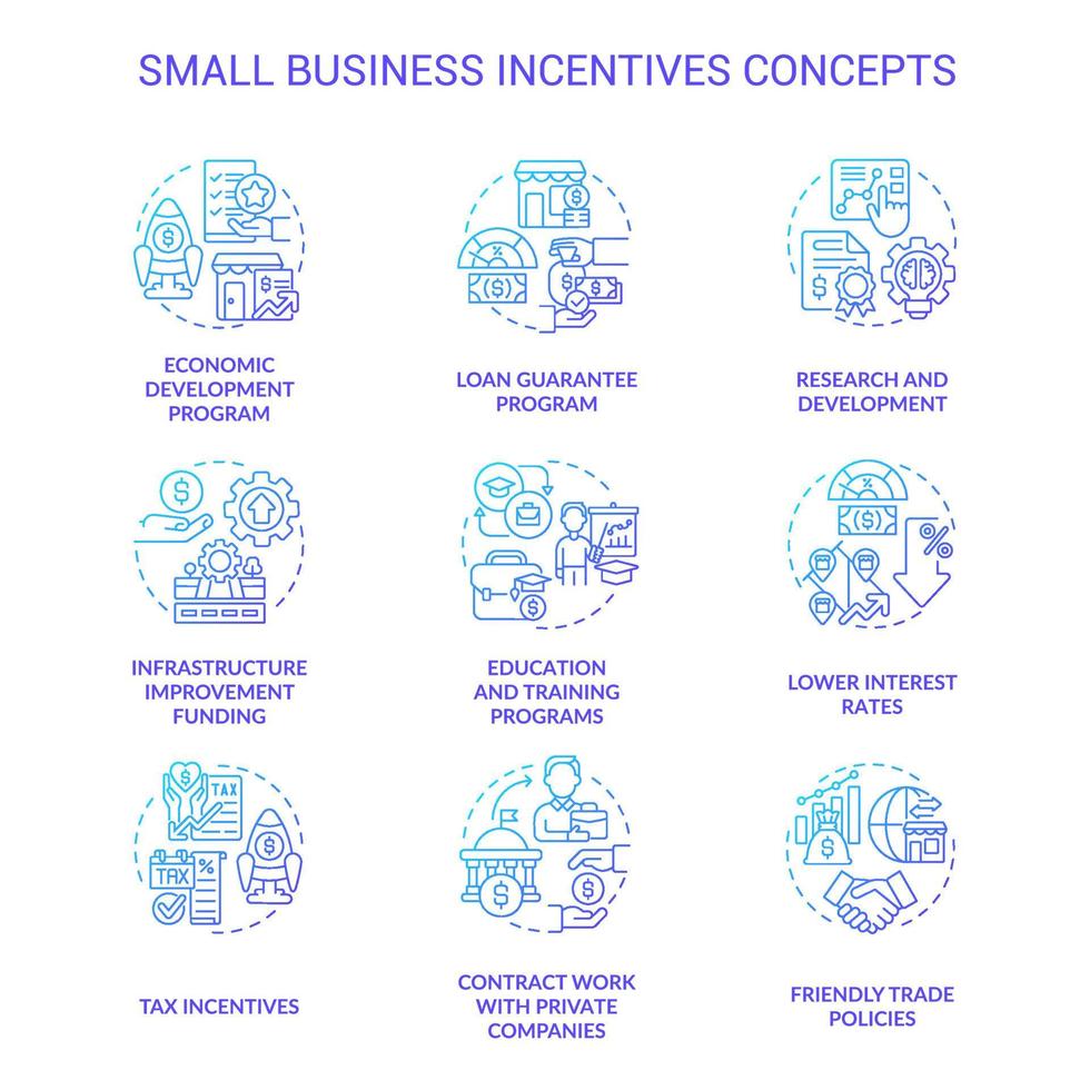 ensemble d'icônes de concept de gradient bleu d'incitations aux petites entreprises. idée de soutien à l'entrepreneuriat illustrations en couleur de ligne mince. symboles isolés. trait modifiable. vecteur