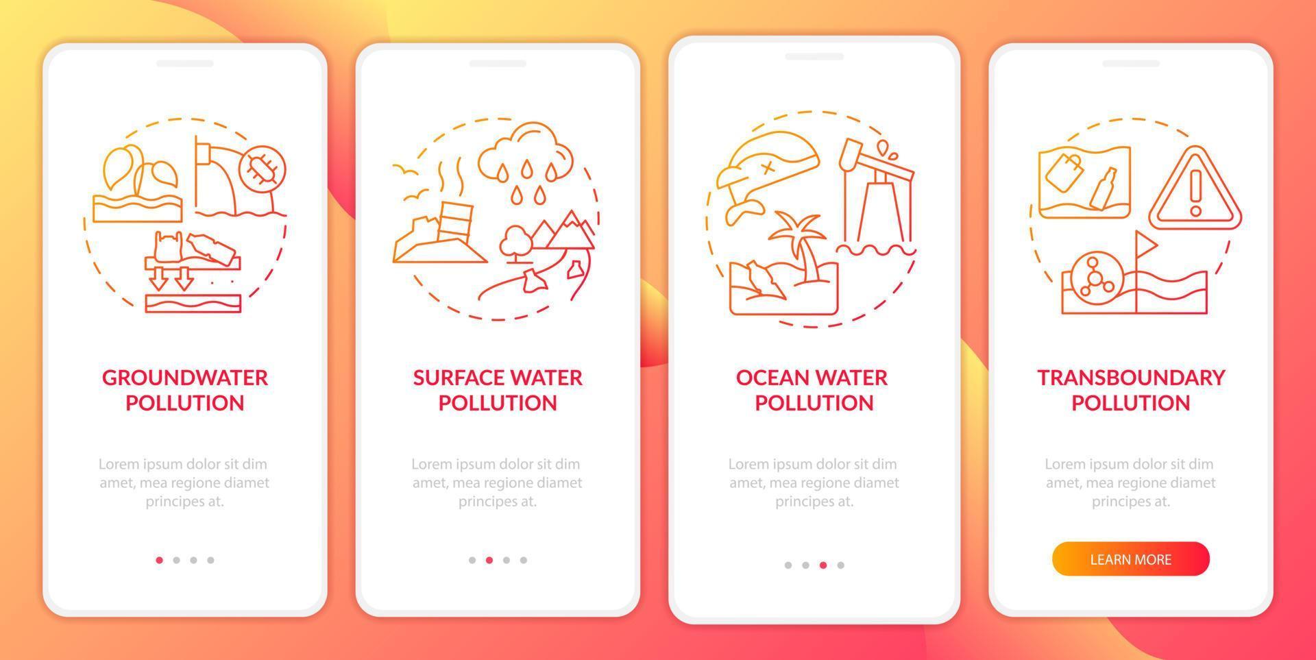 écran d'application mobile d'intégration de gradient rouge de catégorisation de la pollution de l'eau. pages d'instructions graphiques en 4 étapes avec des concepts linéaires. ui, ux, modèle d'interface graphique. vecteur