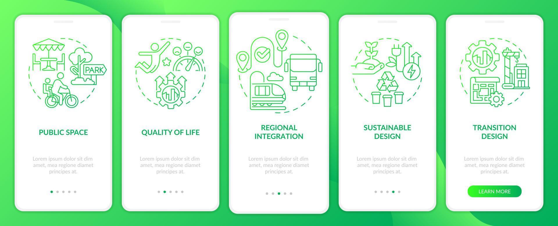 principes de l'écran d'application mobile d'intégration de gradient vert de conception urbaine. pas à pas en 5 étapes pages d'instructions graphiques avec des concepts linéaires. ui, ux, modèle d'interface graphique. vecteur