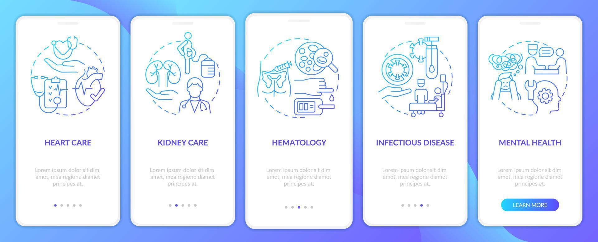 fournir des services médicaux écran d'application mobile d'intégration à gradient bleu. pas à pas en 5 étapes pages d'instructions graphiques avec des concepts linéaires. ui, ux, modèle d'interface graphique. vecteur