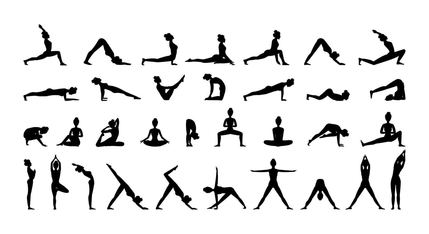 jeune femme faisant des exercices de yoga ou de pilates. ensemble de conception d'illustrations de silhouette vectorielle isolée sur fond blanc. icônes, graphiques de t-shirt, impression vecteur