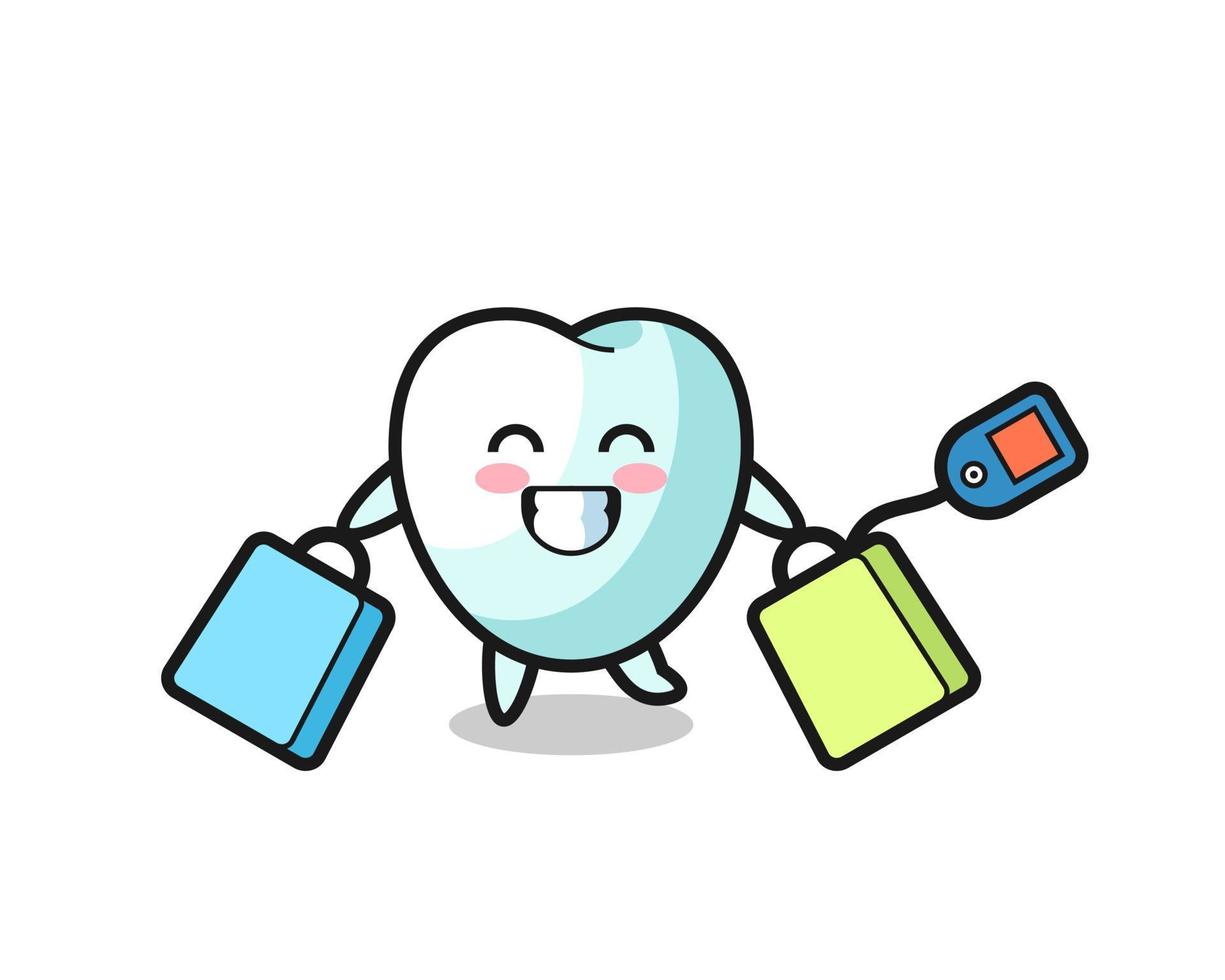 caricature de mascotte de dent tenant un sac à provisions vecteur
