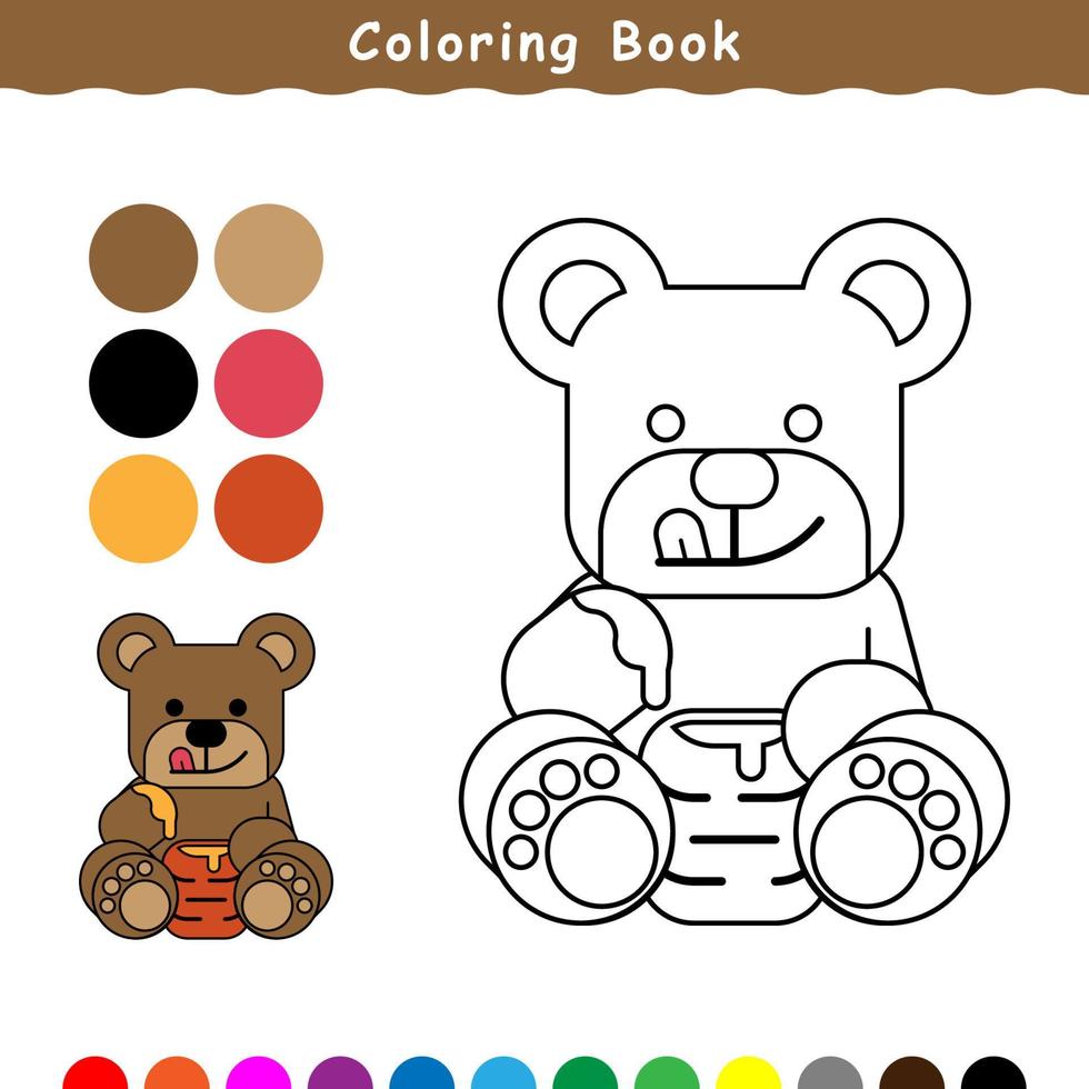 un ours mignon mange du miel, un livre de coloriage vecteur