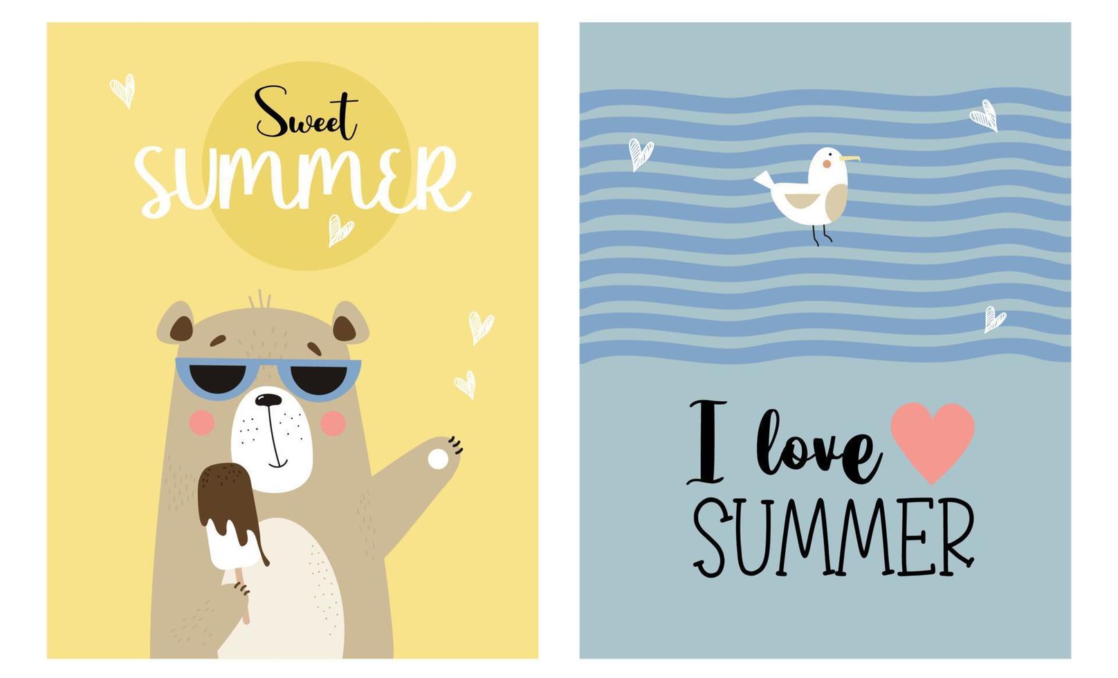 ours mignon à lunettes de soleil avec crème glacée et mouette. ensemble de cartes postales d'été doux été et j'aime l'été. illustration vectorielle. jolie collection de bébé. vecteur