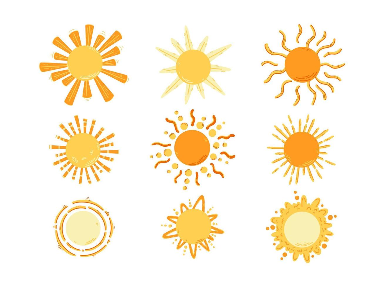 jeu de symboles vectoriels d'icônes de soleil jaune. collection de soleil dessiné à la main vecteur