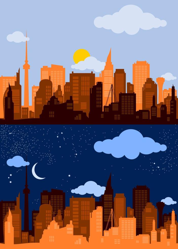illustration vectorielle modifiable de la silhouette de la ville avec la couleur orange dans la scène de jour et de nuit vecteur