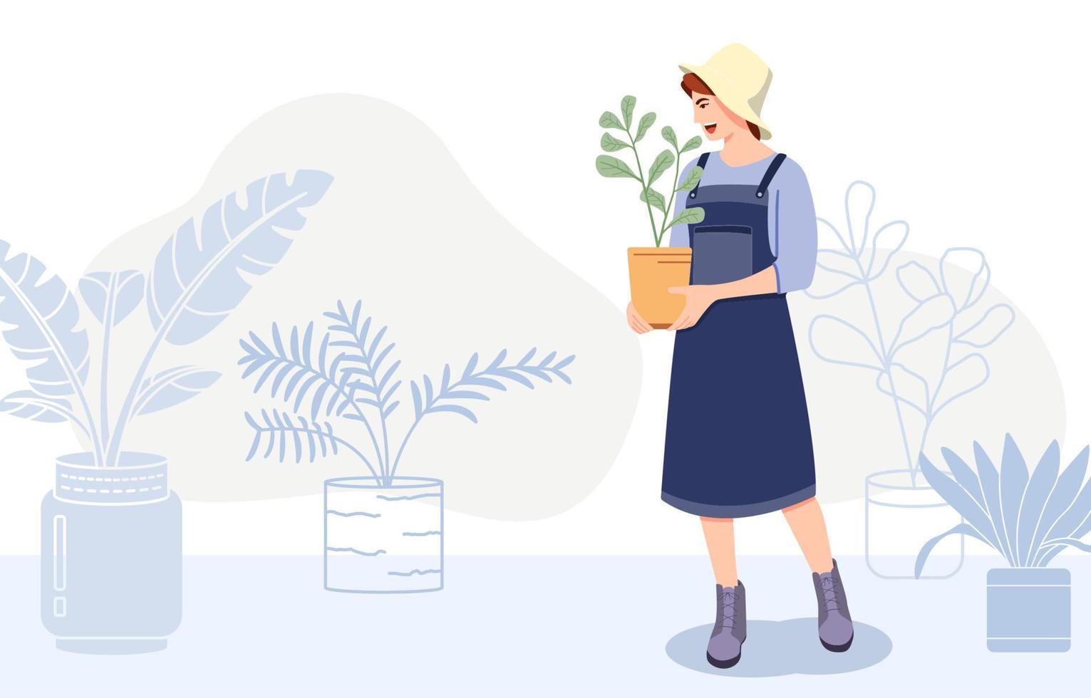 femme heureuse plantant des arbres dans le jardin, paysage, illustration vectorielle de personnages de dessin animé de concept de mode de vie sain. vecteur