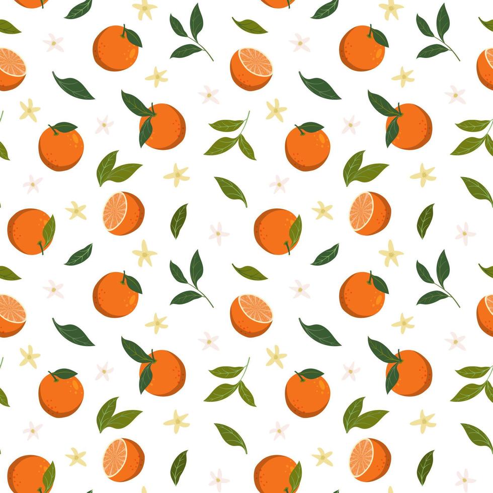 oranges tropicales avec motif sans soudure de feuilles et de fleurs vertes. isolé sur fond blanc. conception d'été de vecteur avec des fruits pour papiers peints, textiles