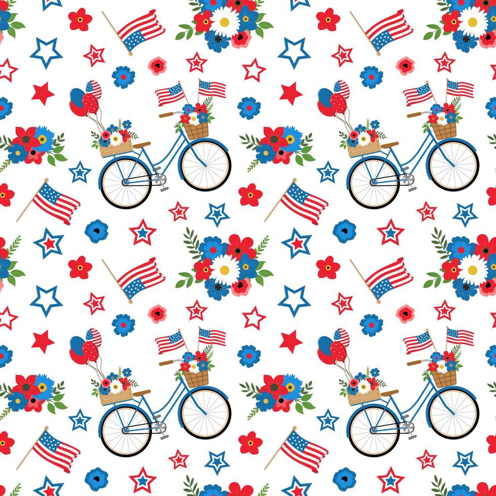 4 juillet vélo bleu patriotique avec motif sans couture de drapeaux américains, fleurs et ballons sur fond blanc. isolé sur fond blanc. fond de conception sur le thème de la fête de l'indépendance. vecteur