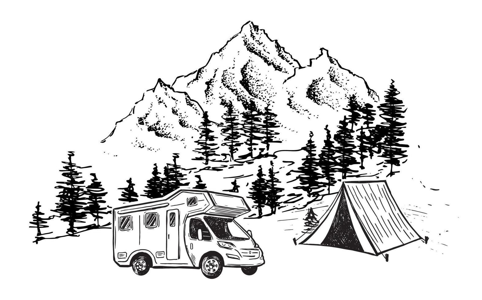 camping dans la nature, camping-car, paysage de montagne, style dessiné à la main, illustrations vectorielles. vecteur