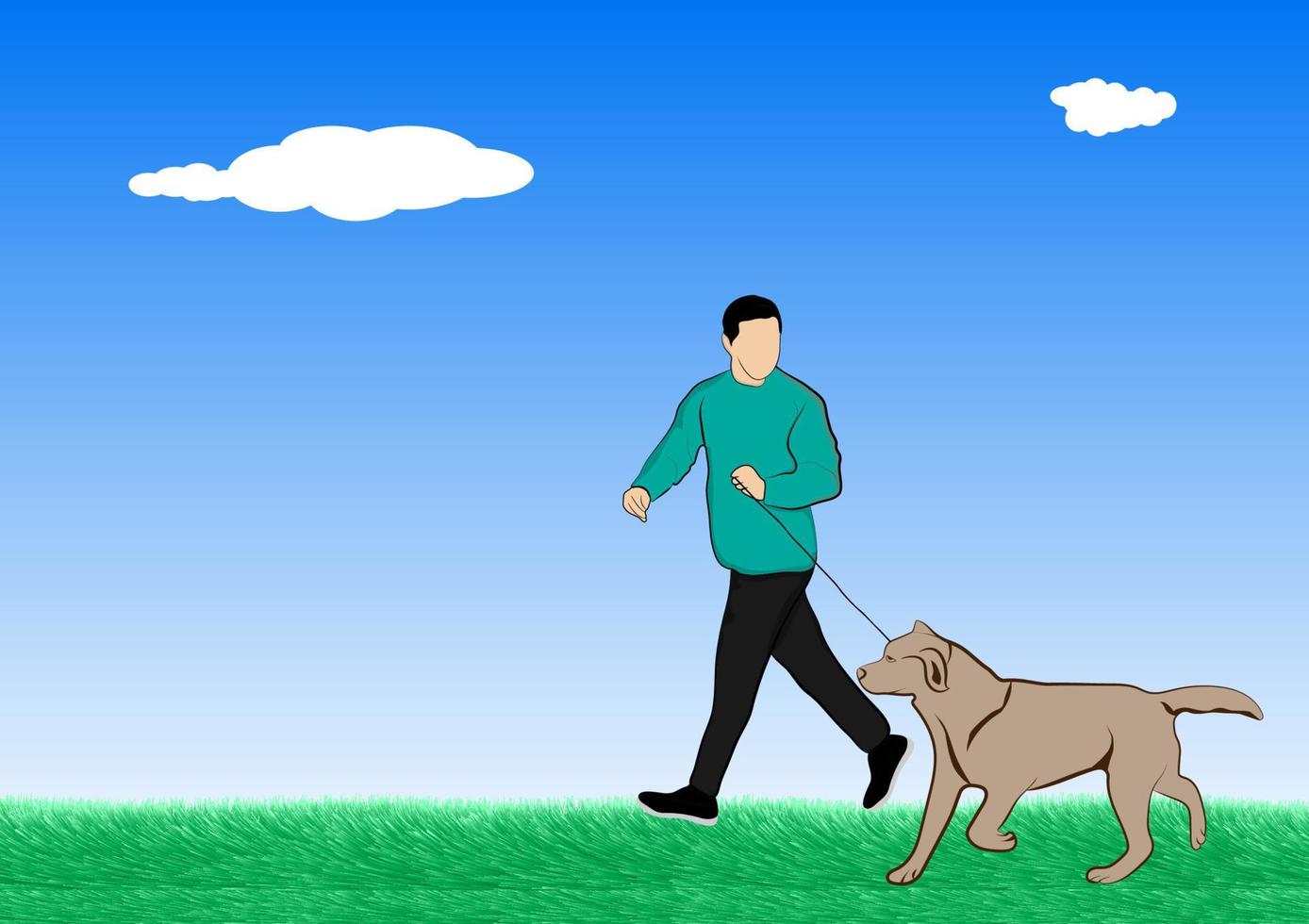 homme et chien marchant sur l'herbe en plein air illustration vectorielle vecteur