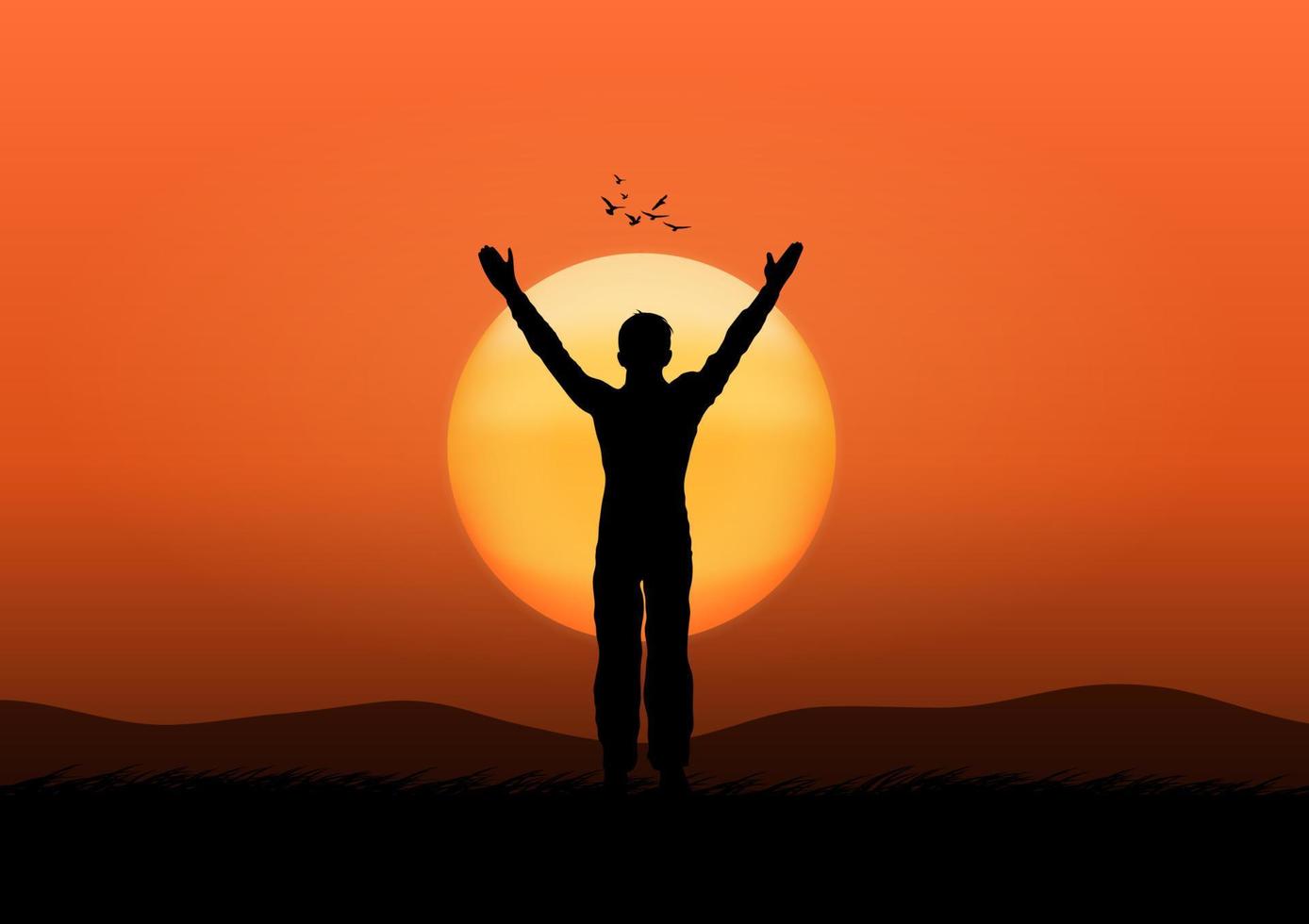 dessin concept silhouette thanksgiving l'homme debout levez la main avec illustration vectorielle fond coucher de soleil vecteur