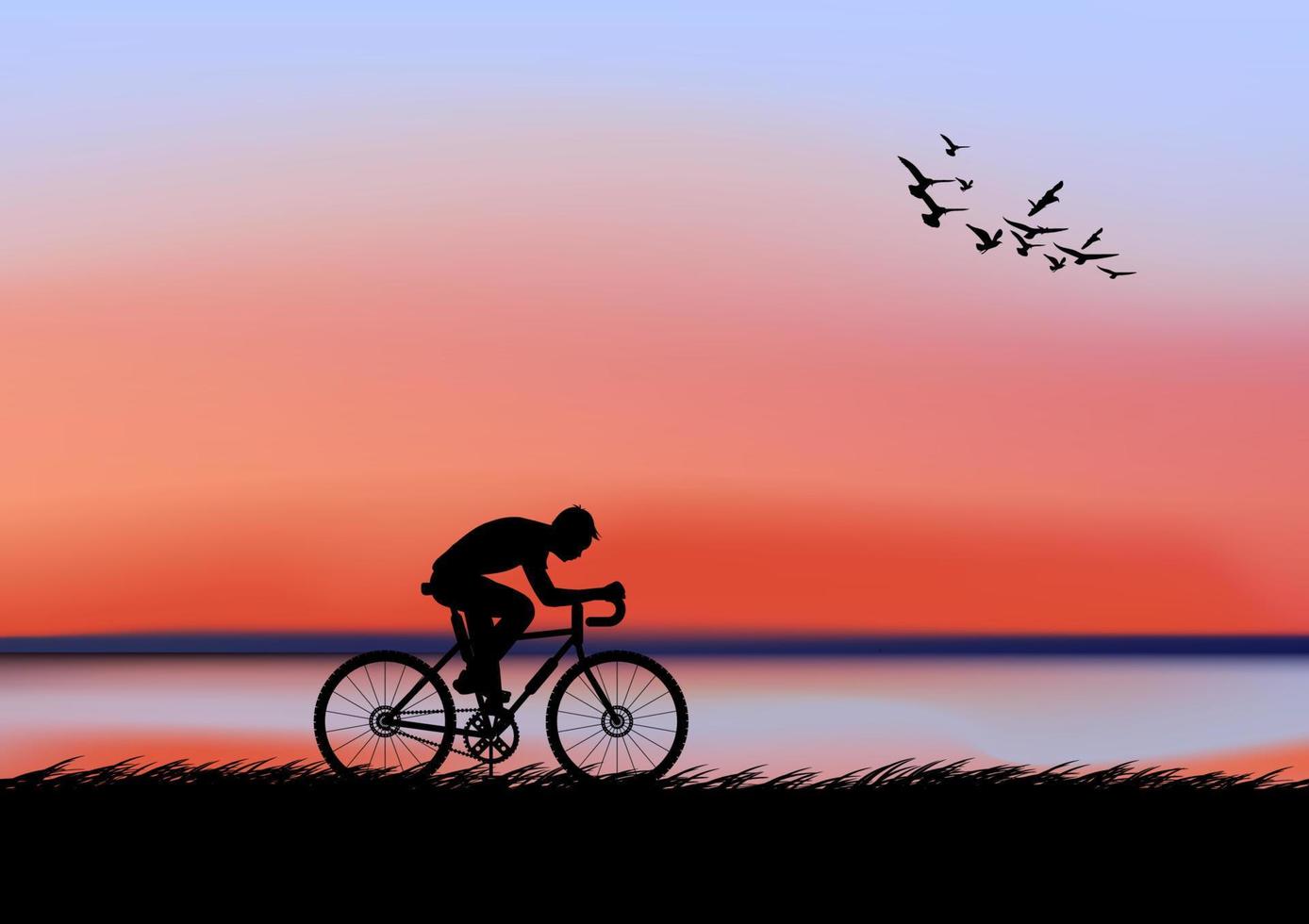 image graphique homme faisant du vélo le soir avec un fond de coucher de soleil et une silhouette orange de coucher de soleil avec de l'herbe sombre au sol illustration vectorielle vecteur