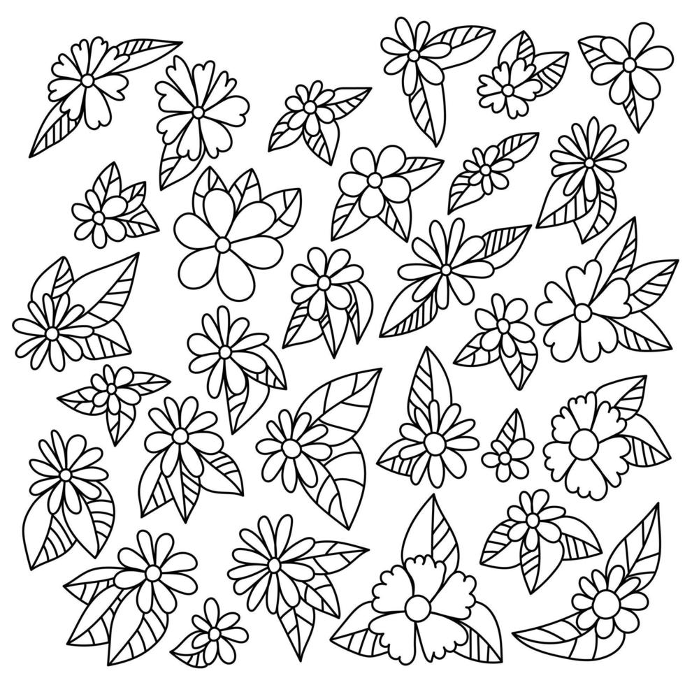 ensemble de différentes fleurs de doodle de contour avec des feuilles rayées pour la conception ou le livre de coloriage vecteur