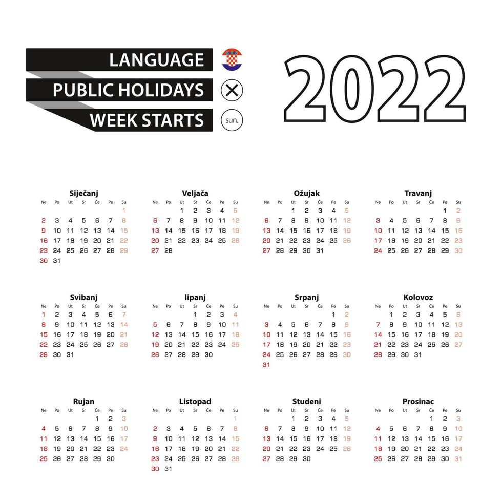 Calendrier 2022 en langue croate, la semaine commence le dimanche. vecteur