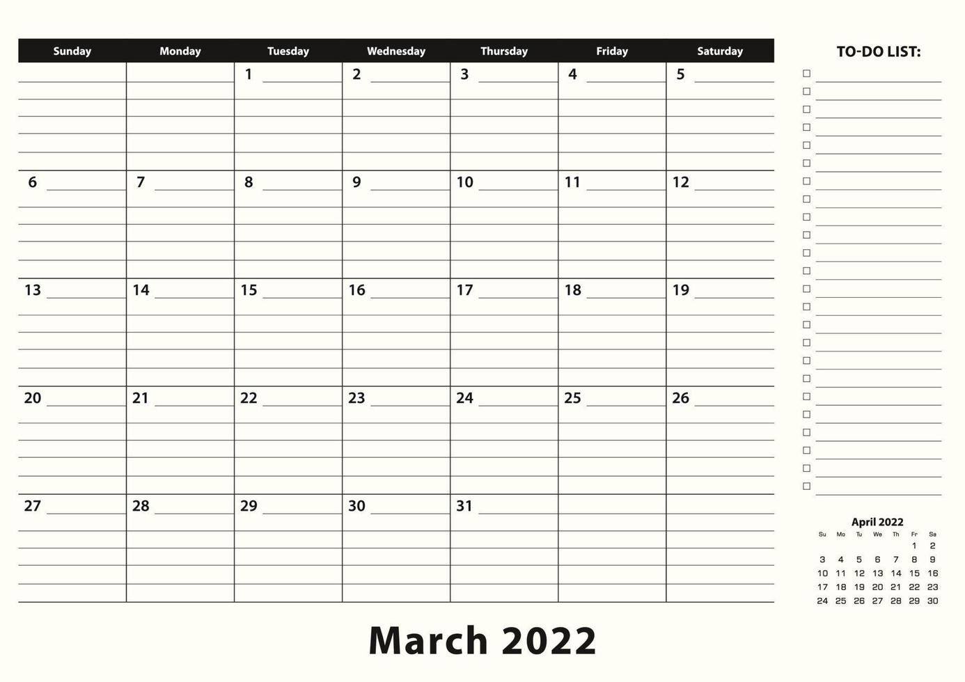 calendrier mensuel du bloc-notes de mars 2022. vecteur