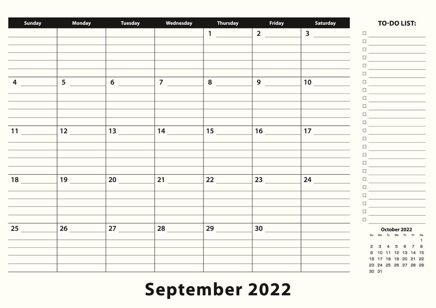 Calendrier mensuel du bloc-notes de septembre 2022. vecteur