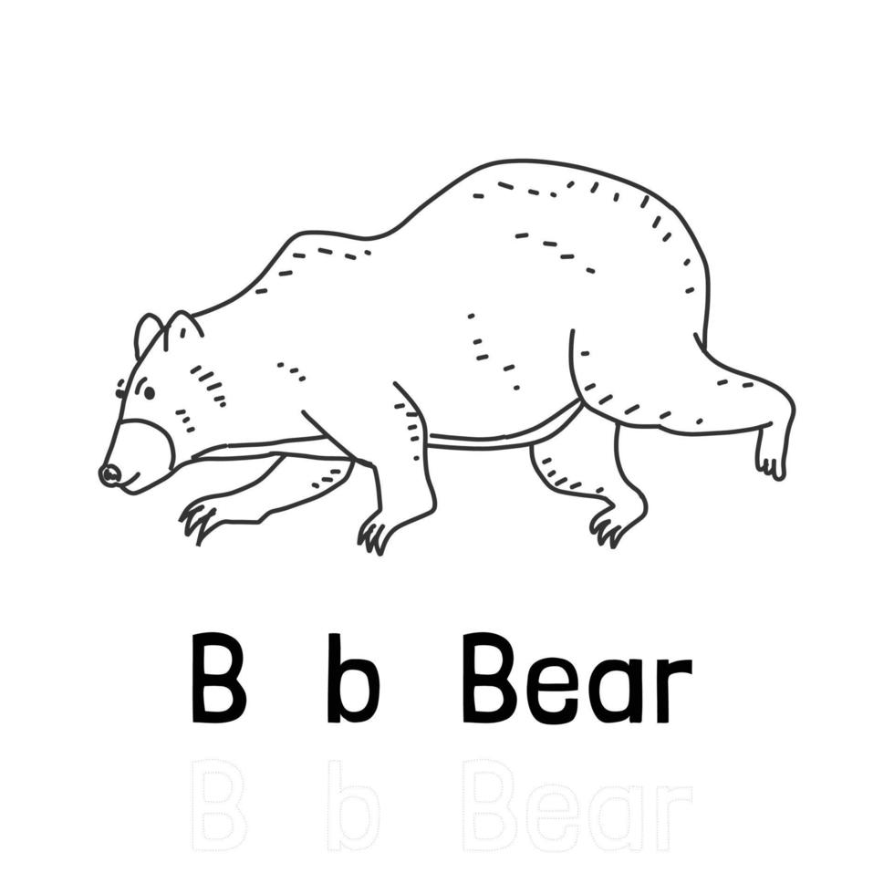 lettre de l'alphabet b pour la page de coloriage de l'ours, illustration animale à colorier vecteur