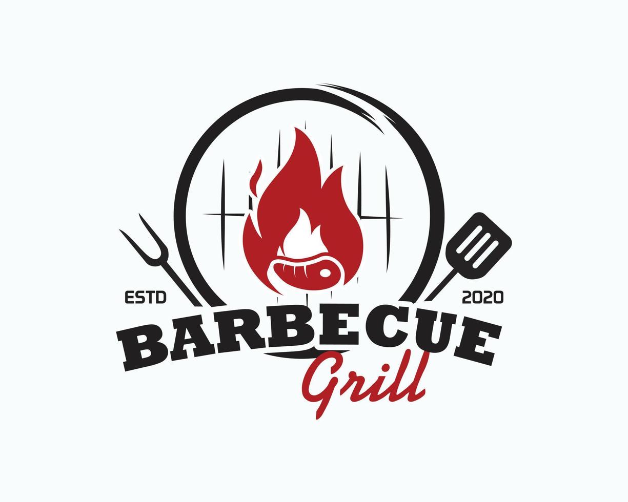 restaurant barbecue - logo icône de barbecue, grill et bar avec feu, fourchette à grill et spatule. modèle de logo de barbecue. illustration vectorielle vecteur