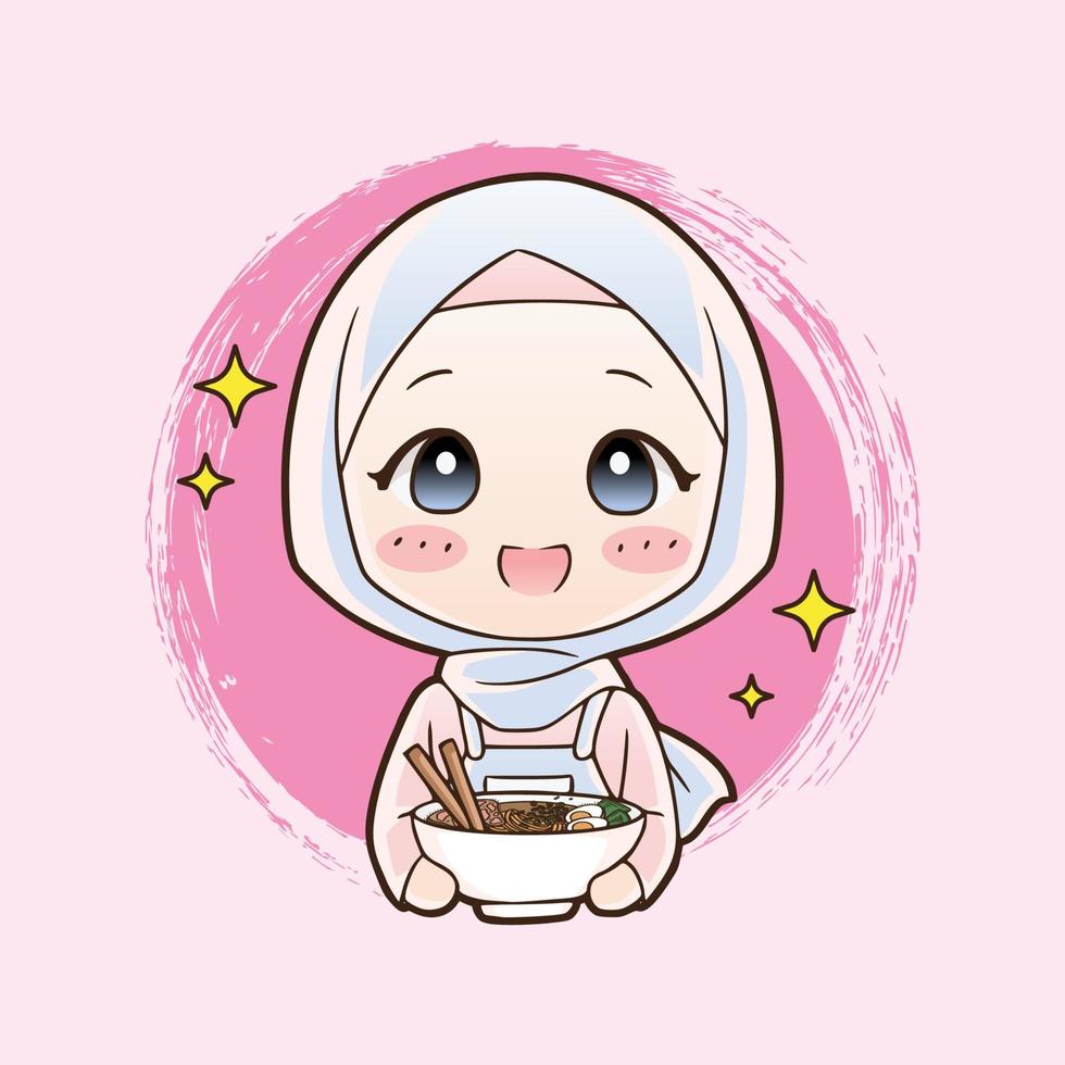 jolie fille musulmane manger des nouilles ramen halal nourriture illustration d'art de dessin animé dessiné à la main. style de vecteur de logo de mascotte