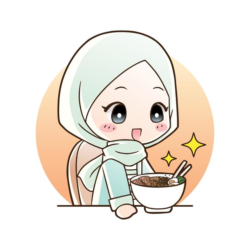 jolie fille musulmane manger des nouilles ramen halal nourriture illustration d'art de dessin animé dessiné à la main. style de vecteur de logo de mascotte