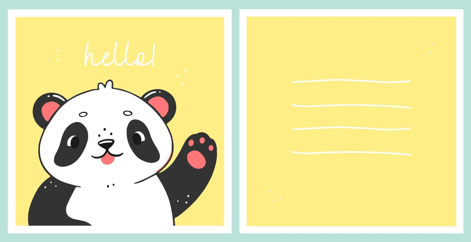 un modèle de carte postale avec un panda mignon et l'inscription bonjour. le concept de carte pour les enfants. illustration animale vectorielle. vecteur