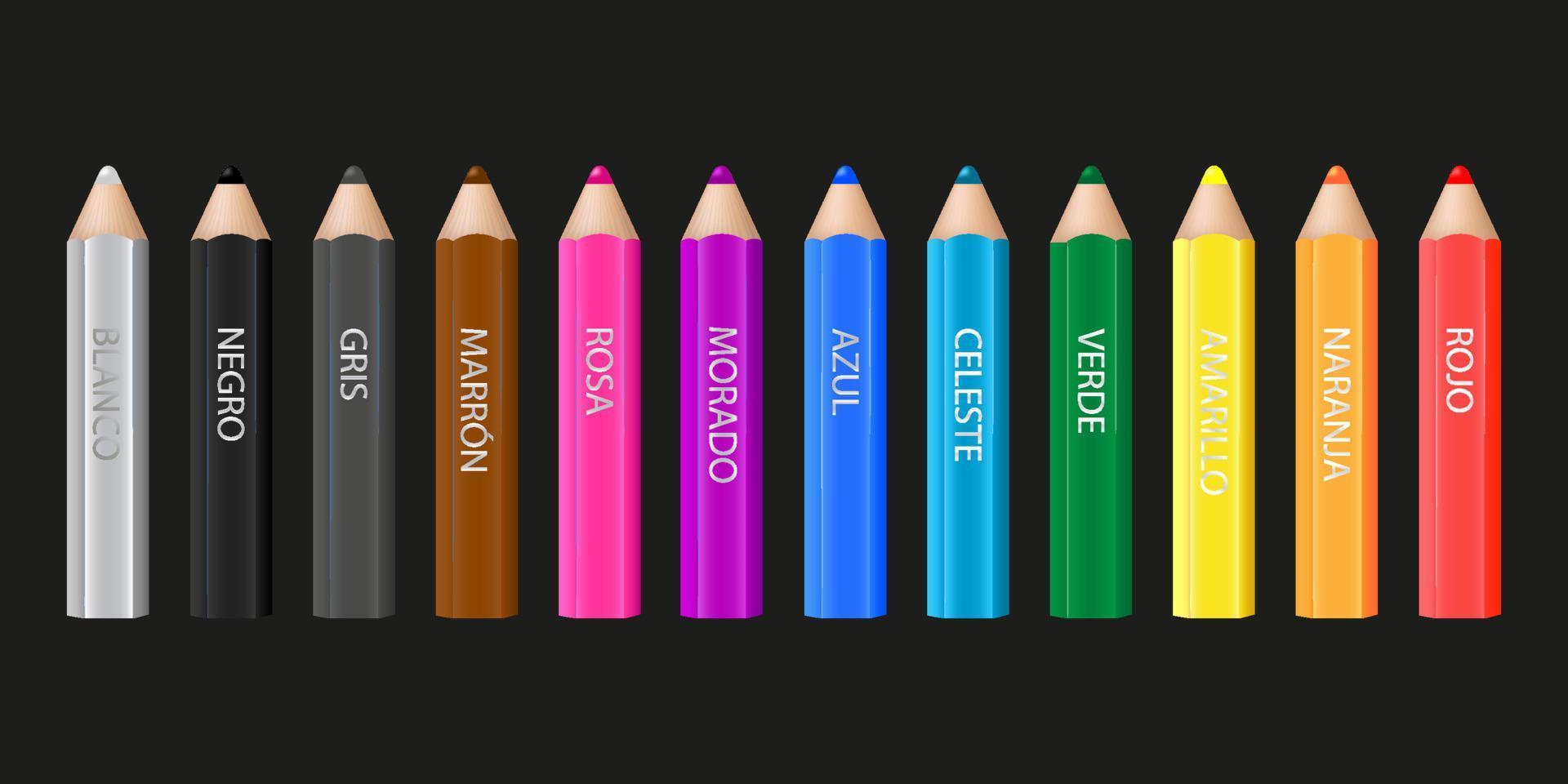 12 crayons en bois colorés. noms de couleurs - rojo, naranja, amarillo, verde, celeste, azul, morado, rosa, marron, gris, negro, blanco. conception de vecteur. vecteur