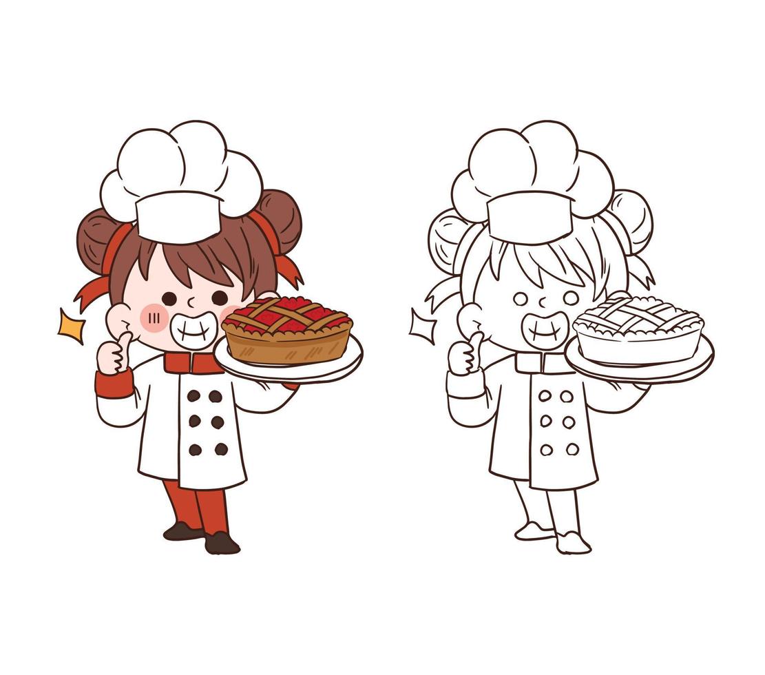 jolie jeune fille de chef souriant et tenant une tarte aux fraises. illustration d'art vectoriel de dessin animé