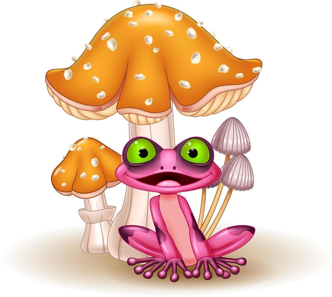 grenouille drôle de dessin animé avec des champignons vecteur