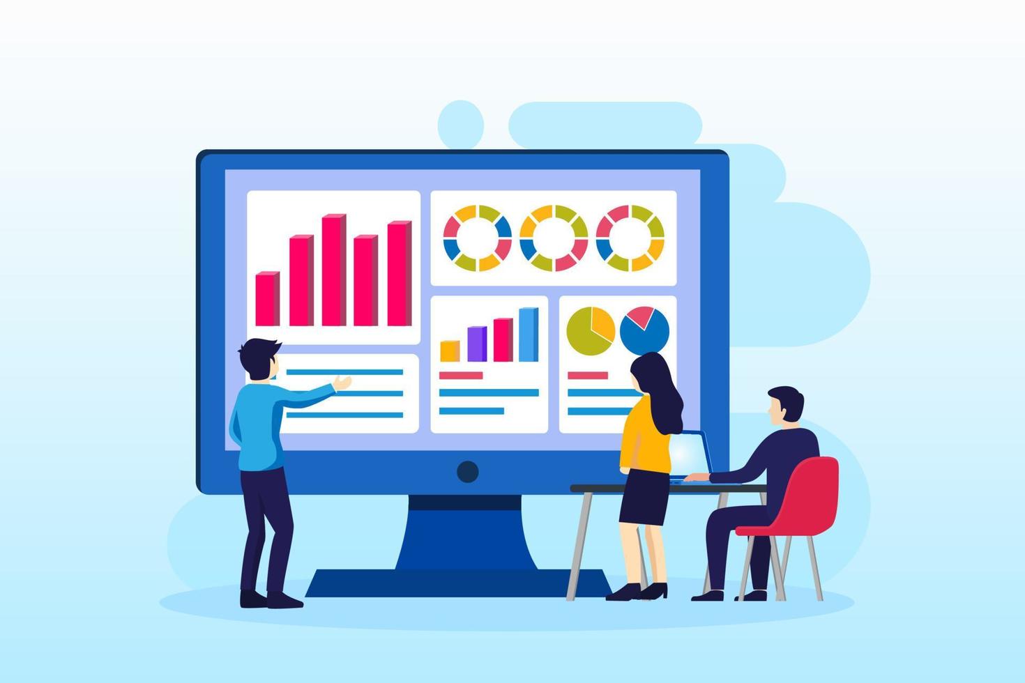 design plat moderne du concept d'analyse de données, les gens travaillent devant un grand écran. audit, conseil financier. modèle de vecteur de style plat adapté à la page de destination web, arrière-plan.