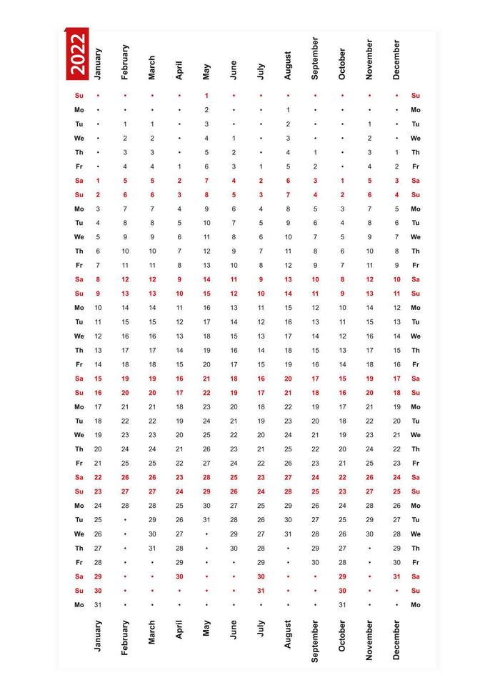 calendrier vertical à une rangée 2022, dimanche premier jour de la semaine. vecteur