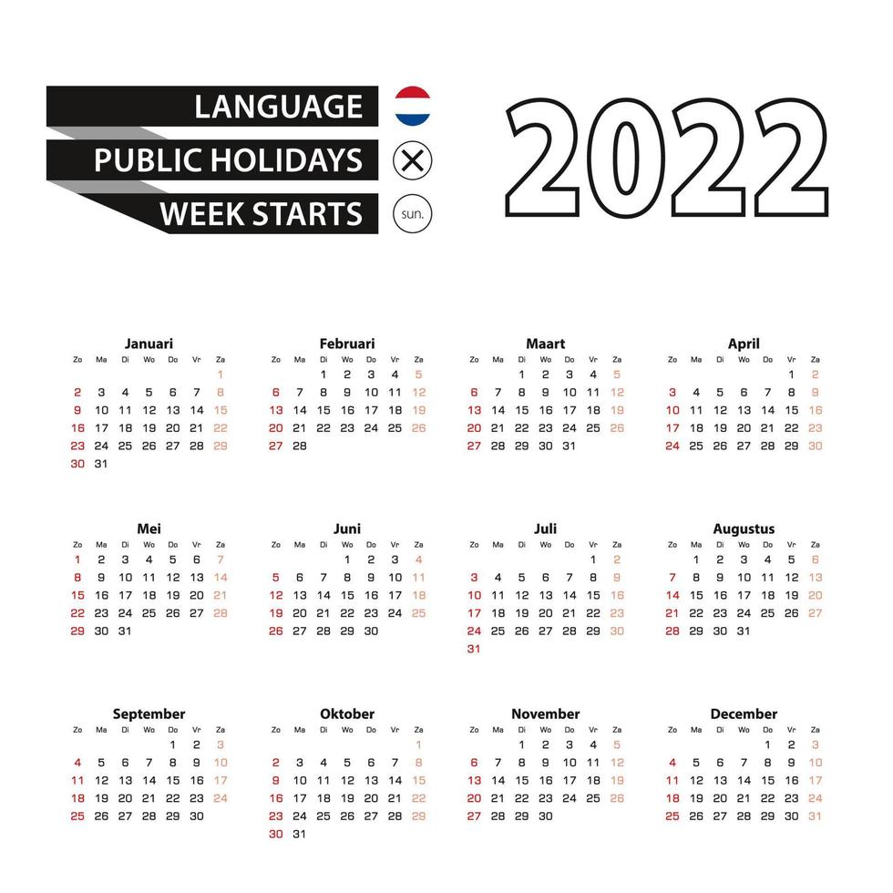 Calendrier 2022 en néerlandais, la semaine commence le dimanche. vecteur