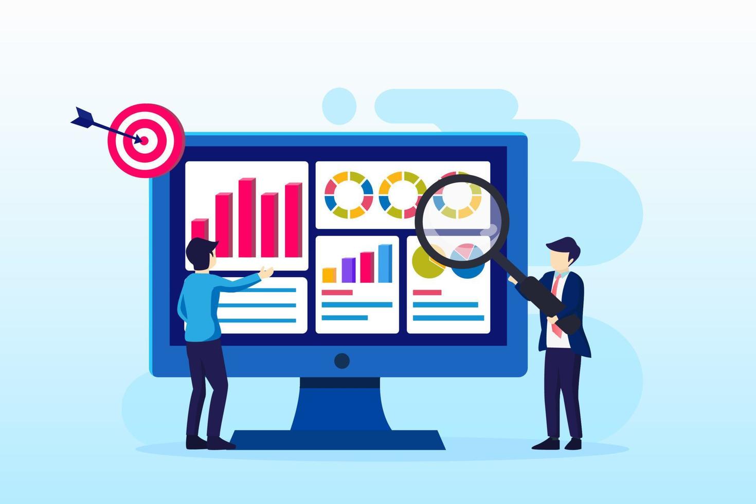 design plat moderne du concept d'analyse de données, les gens travaillent devant un grand écran. audit, conseil financier. modèle de vecteur de style plat adapté à la page de destination web, arrière-plan.